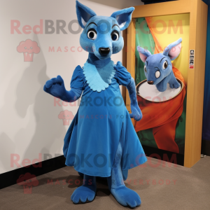 Blue Kangaroo mascot costume character dressed with a A-Line Dress and Shoe clips