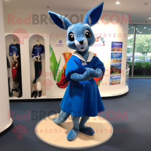 Blue Kangaroo mascot costume character dressed with a A-Line Dress and Shoe clips