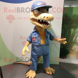 Peach Crocodile mascot costume character dressed with a Denim Shorts and Keychains