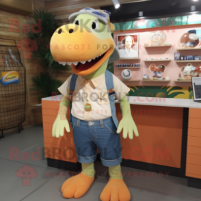 Peach Crocodile mascot costume character dressed with a Denim Shorts and Keychains