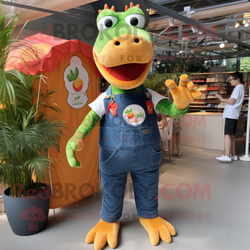 Peach Crocodile mascot costume character dressed with a Denim Shorts and Keychains Peach Crocodile mascot costume character dressed with a Denim Shorts and Keychains