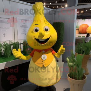 Yellow Onion mascot costume character dressed with a Henley Shirt and Cufflinks