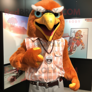 Peach Hawk mascot costume character dressed with a Poplin Shirt and Necklaces