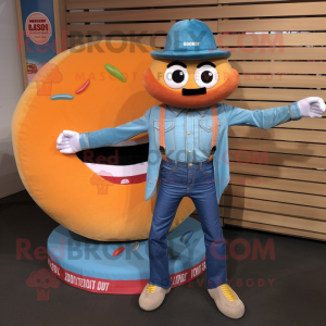 Orange Donut mascot costume character dressed with a Chambray Shirt and Wallets