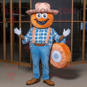 Orange Donut mascot costume character dressed with a Chambray Shirt and Wallets