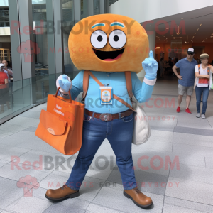 Orange Donut mascot costume character dressed with a Chambray Shirt and Wallets