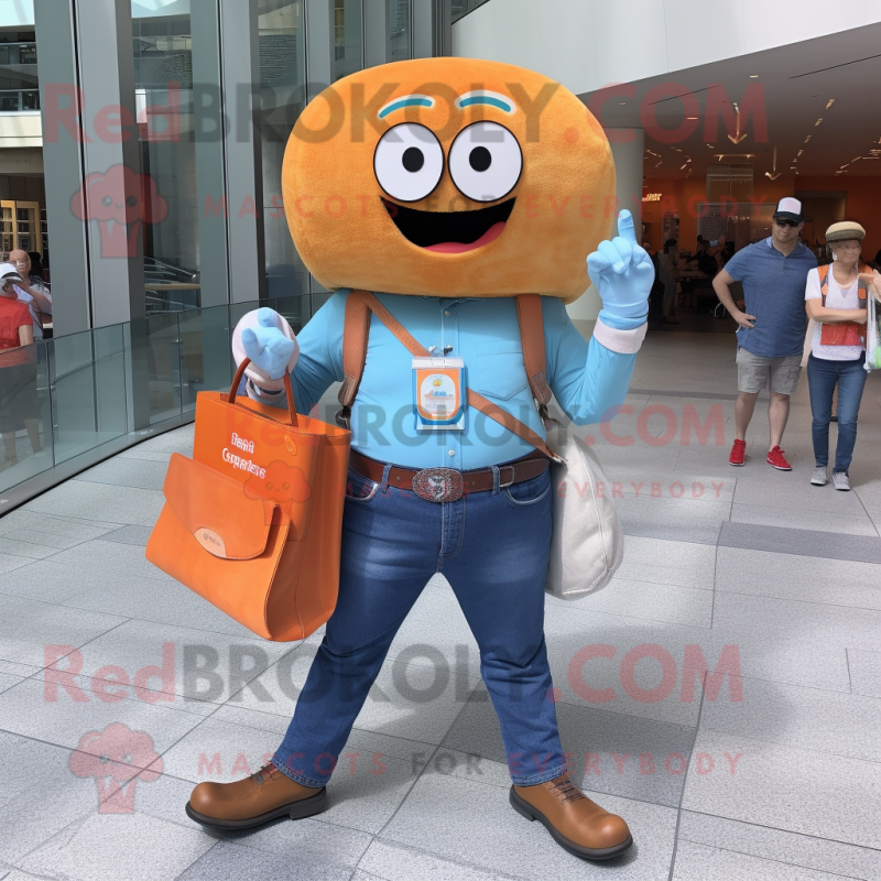 Orange Donut mascot costume character dressed with a Chambray Shirt and Wallets Orange Donut mascot costume character dressed with a Chambray Shirt and Wallets