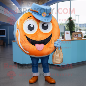 Orange Donut mascot costume character dressed with a Chambray Shirt and Wallets