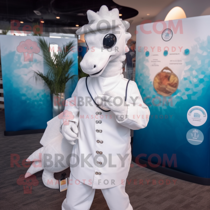 White Seahorse mascot costume character dressed with a Coat and Coin purses