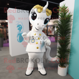 White Seahorse mascot costume character dressed with a Coat and Coin purses