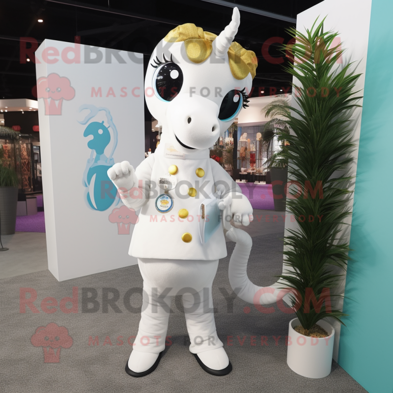 White Seahorse mascot costume character dressed with a Coat and Coin purses White Seahorse mascot costume character dressed with a Coat and Coin purses