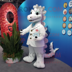 White Seahorse mascot costume character dressed with a Coat and Coin purses