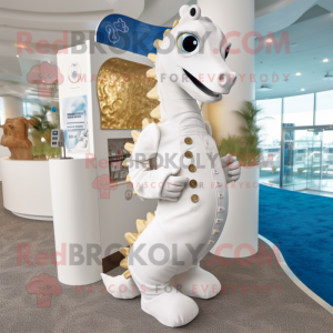 White Seahorse mascot costume character dressed with a Coat and Coin purses