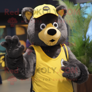 Lemon Yellow Spectacled Bear mascot costume character dressed with a Tank Top and Beanies