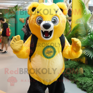 Lemon Yellow Spectacled Bear mascot costume character dressed with a Tank Top and Beanies