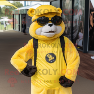 Lemon Yellow Spectacled Bear mascot costume character dressed with a Tank Top and Beanies