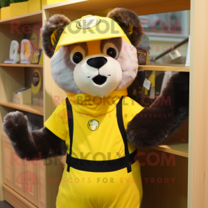 Lemon Yellow Spectacled Bear mascot costume character dressed with a Tank Top and Beanies