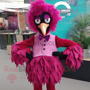 Magenta Emu mascot costume character dressed with a Playsuit and Bow ties