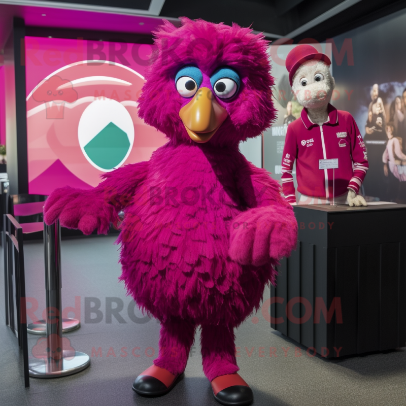 Magenta Emu mascot costume character dressed with a Playsuit and Bow ties