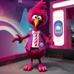 Magenta Emu mascot costume character dressed with a Playsuit and Bow ties