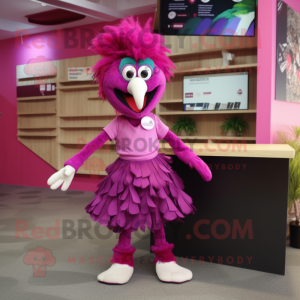 Magenta Emu mascot costume character dressed with a Playsuit and Bow ties