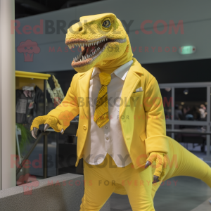 Lemon Yellow T Rex mascot costume character dressed with a Cardigan and Tie pins