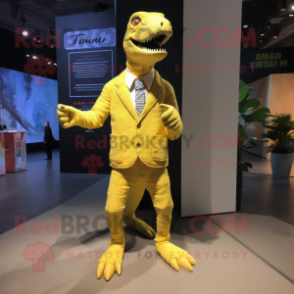 Lemon Yellow T Rex mascot costume character dressed with a Cardigan and Tie pins