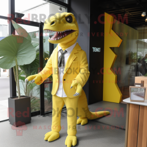 Lemon Yellow T Rex mascot costume character dressed with a Cardigan and Tie pins