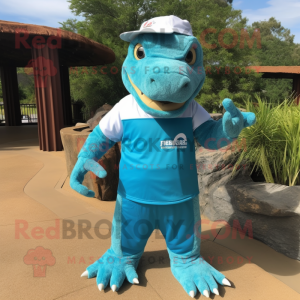 Turquoise Komodo Dragon mascot costume character dressed with a Polo Tee and Headbands
