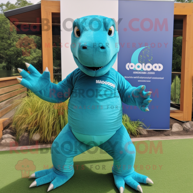 Turquoise Komodo Dragon mascot costume character dressed with a Polo Tee and Headbands