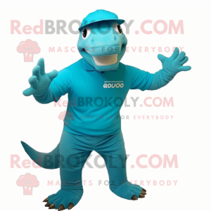 Turquoise Komodo Dragon mascot costume character dressed with a Polo Tee and Headbands