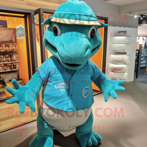 Turquoise Komodo Dragon mascot costume character dressed with a Polo Tee and Headbands