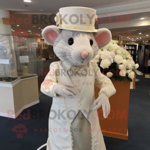 Beige Rat mascot costume character dressed with a Wedding Dress and Hat pins