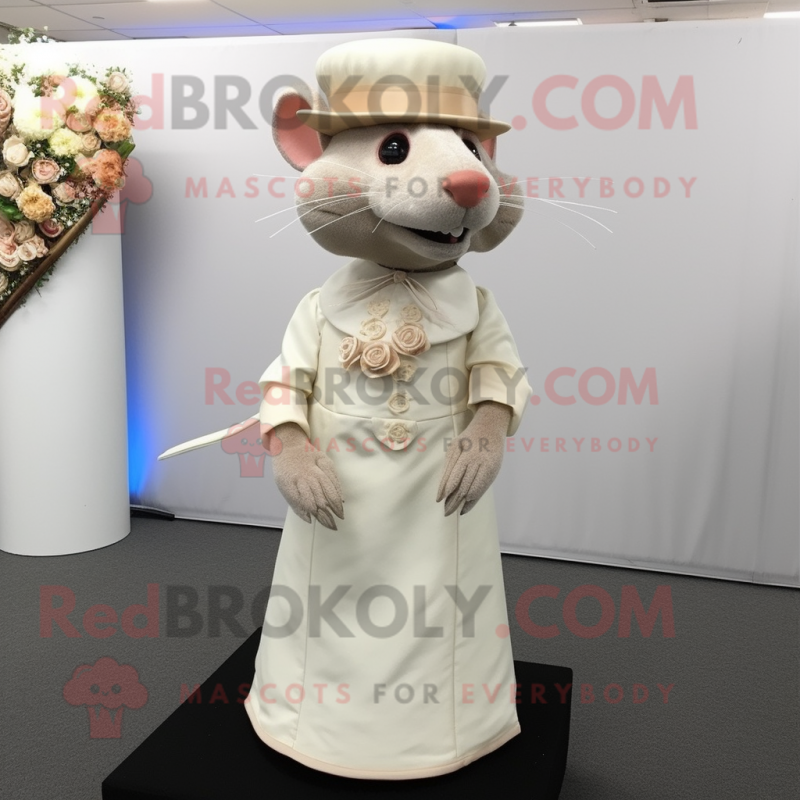 Beige Rat mascot costume character dressed with a Wedding Dress and Hat pins