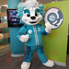 Turquoise Skunk mascot costume character dressed with a Bootcut Jeans and Digital watches