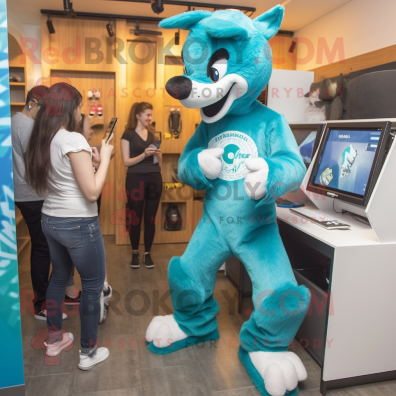 Turquoise Skunk mascot costume character dressed with a Bootcut Jeans and Digital watches