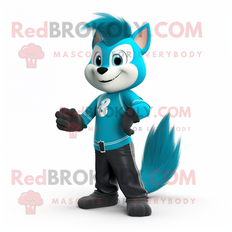 Turquoise Skunk mascot costume character dressed with a Bootcut Jeans and Digital watches