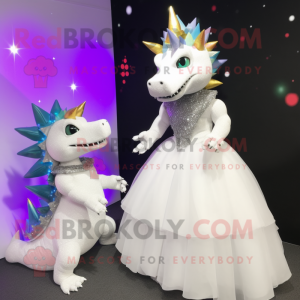 White Stegosaurus mascot costume character dressed with a Evening Gown and Keychains