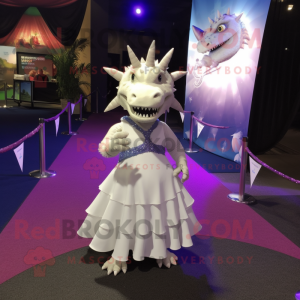 White Stegosaurus mascot costume character dressed with a Evening Gown and Keychains