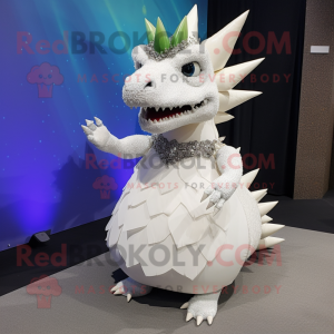 White Stegosaurus mascot costume character dressed with a Evening Gown and Keychains