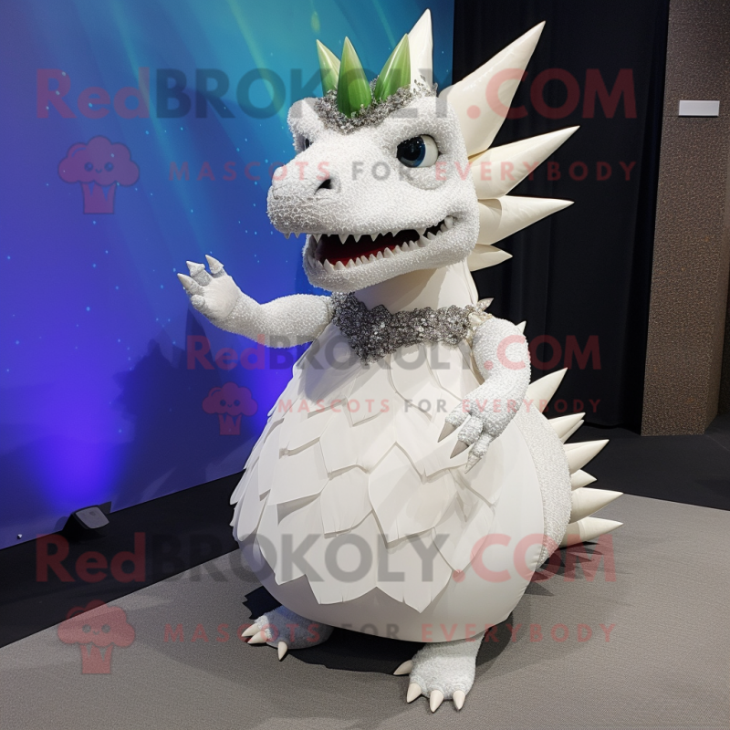 White Stegosaurus mascot costume character dressed with a Evening Gown and Keychains White Stegosaurus mascot costume character dressed with a Evening Gown and Keychains