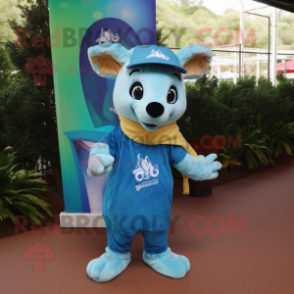 Cyan Kangaroo mascot costume character dressed with a Baseball Tee and Scarves