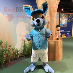 Cyan Kangaroo mascot costume character dressed with a Baseball Tee and Scarves