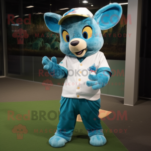 Cyan Kangaroo mascot costume character dressed with a Baseball Tee and Scarves