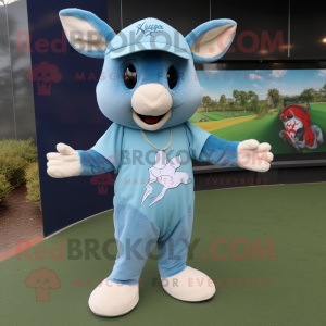 Cyan Kangaroo mascot costume character dressed with a Baseball Tee and Scarves