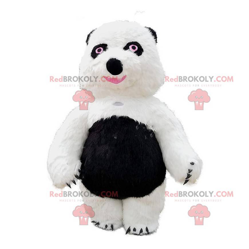 Mascote grande urso de pelúcia branco e preto, fantasia de
