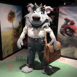 Gray Wild Boar mascot costume character dressed with a Mom Jeans and Handbags