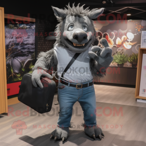 Gray Wild Boar mascot costume character dressed with a Mom Jeans and Handbags