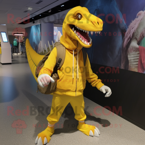 Yellow Spinosaurus mascot costume character dressed with a Hoodie and Handbags