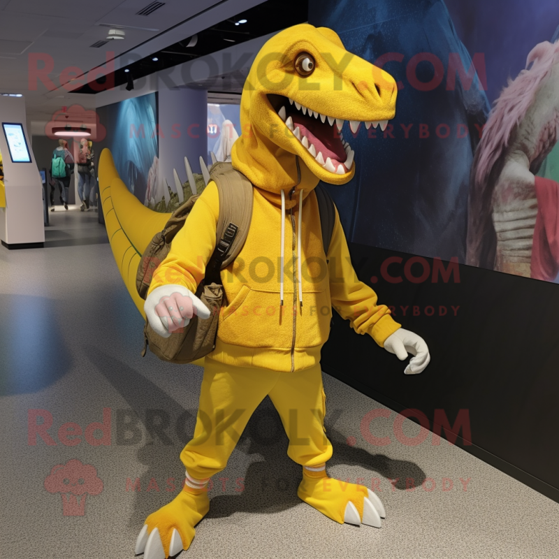Yellow Spinosaurus mascot costume character dressed with a Hoodie and Handbags Yellow Spinosaurus mascot costume character dressed with a Hoodie and Handbags
